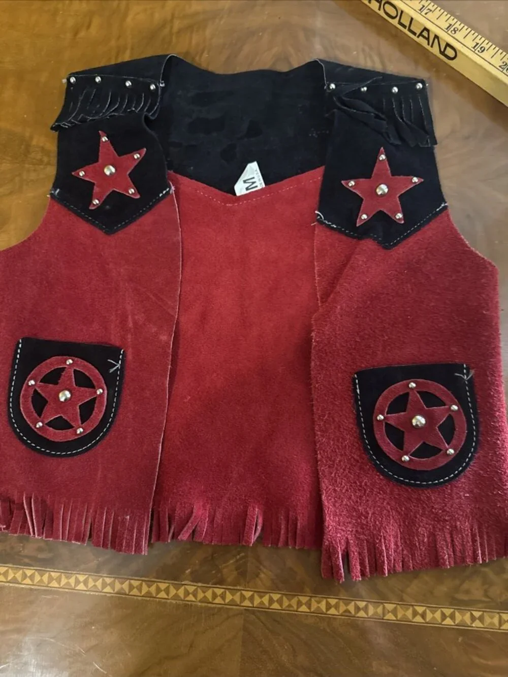 Vintage Western Cowboy Kids Leather Vest Fringe Red & Black Never Worn Western